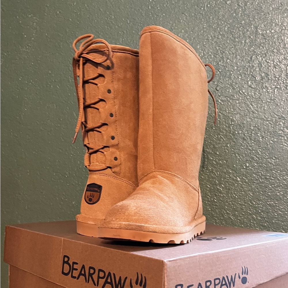 BearPaw Tall Lace-Up Suede Boots in Chestnut Brown